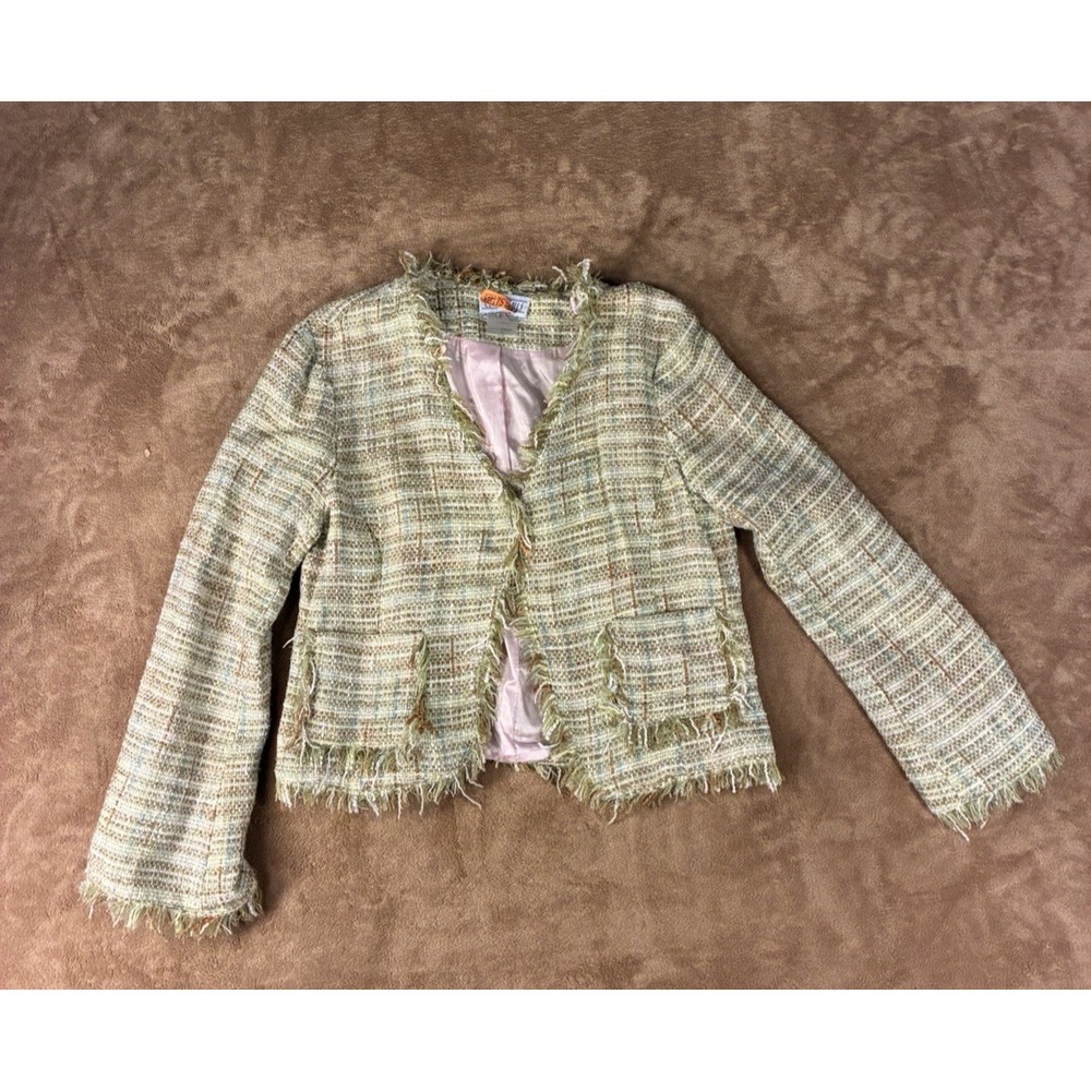 VTG Central Falls Women Jacket L Green Cropped Tweed Boucle Coquette Chic 90s